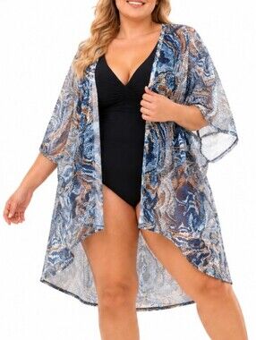 Cacia Sheer Mesh Kimono Cover Up Plus 2X Blue Brown Abstract Swim Beach Cruise